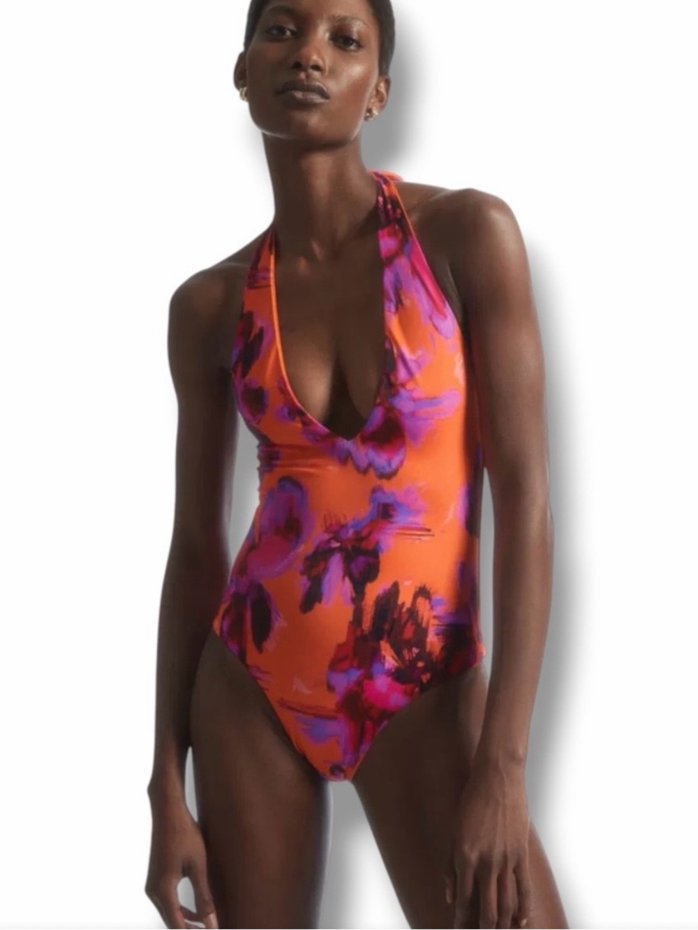Zara Halter One-Piece Swimsuit in Orange & Purple Floral